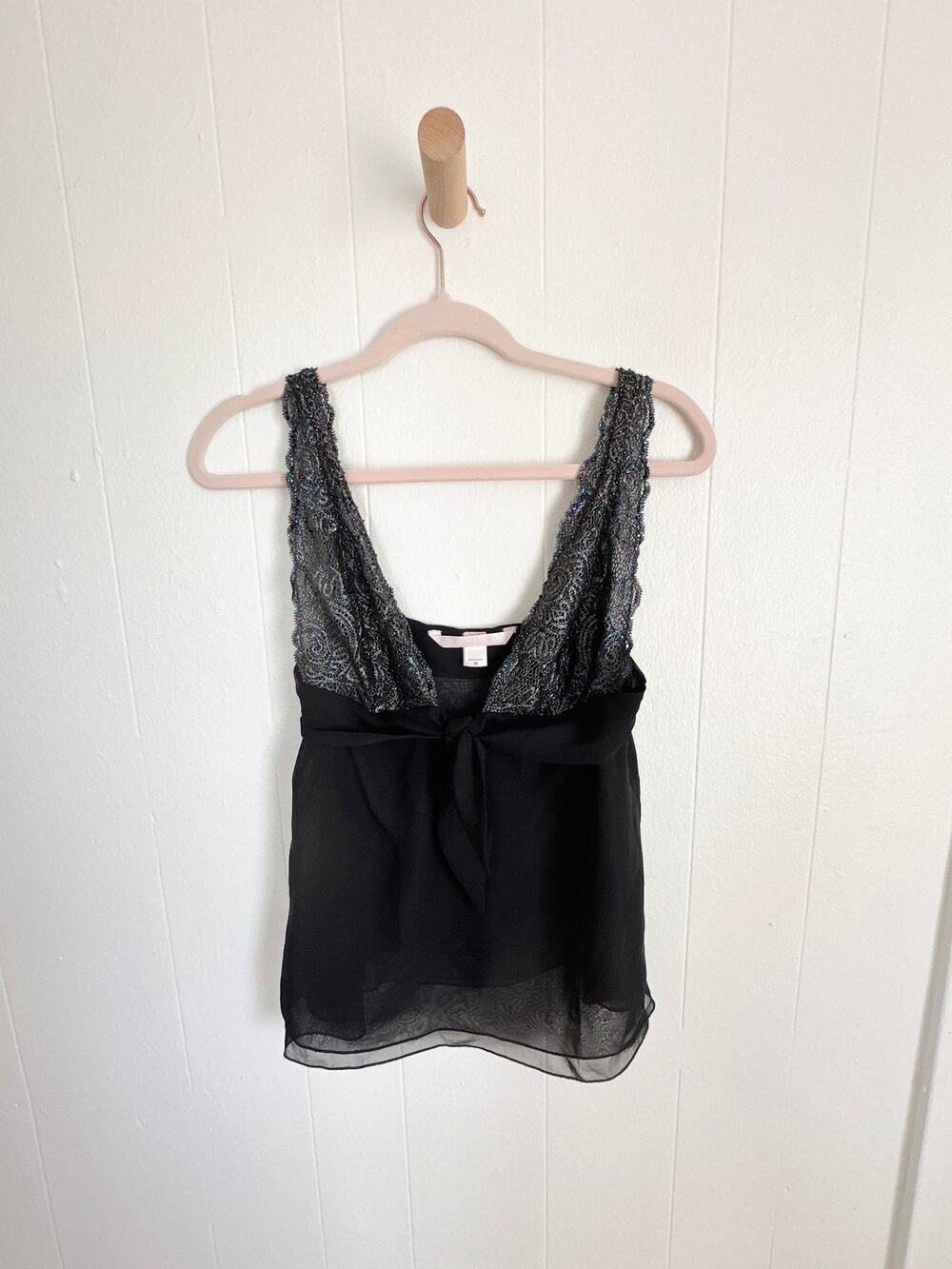 Vintage Y2K Victoria's Secret Black Beaded Sequin Lace Babydoll Cami Tank Top M